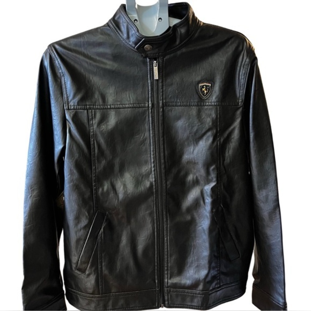EMPORIO & CO|FERRARI Vintage Black Leather Moto Jacket, Size Medium.